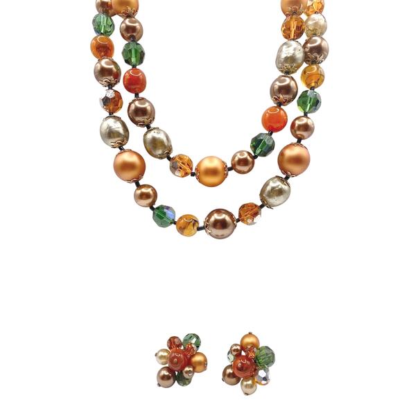 Vendome Lucite Beads Signed Autumn Tones Necklace and Clip On Earrings Set - Picture 3 of 10